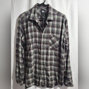 Quiksilver Gray and Green Plaid Button Shirt, Size Large